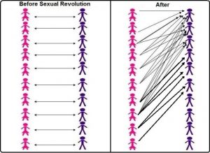 Schéma issu d'un forum incels décrivant comment ils s'imginent l'état des relation de copuple avant et après la révolution sexuelle. Avant, chaque homme est avec une et une seule femme, après presque toutes les femmes convoitent un groupe restraint d'hommes